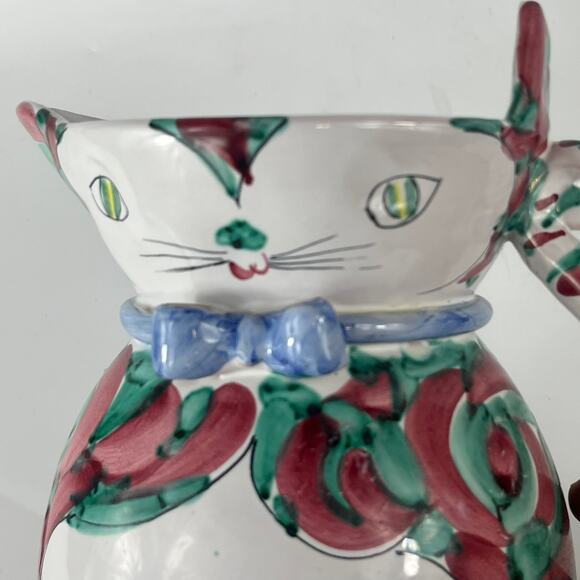 Kitty Cat Pitcher Vintage Hand Painted Italian Glazed Green Red 2105/2 Carafe - Picture 13 of 14